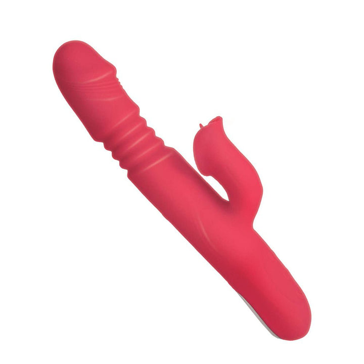 Red silicone dual-motor vibrator with textured shaft and clitoral stimulator, designed for G-spot and external pleasure.