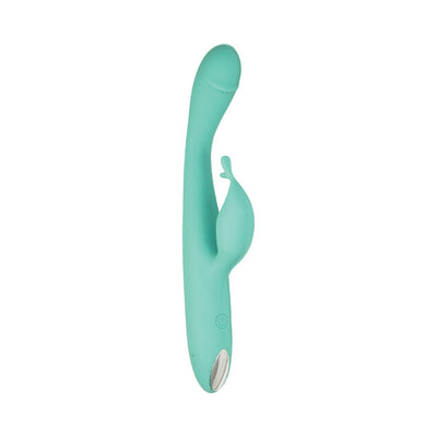 Slim turquoise dual-stimulating rabbit vibrator with curved shaft and petal-shaped clitoral arm in soft silicone.