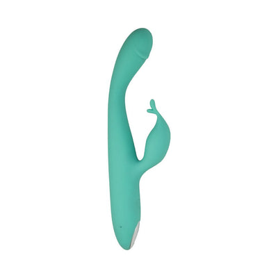 Slim turquoise dual-stimulation rabbit vibrator with curved shaft and petal-shaped clitoral arm in soft silicone.