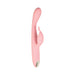 Slim pink dual-stimulation rabbit vibrator with curved shaft and petal-shaped clitoral arm, featuring a power button and silver accent.