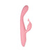 Pink slim dual-stimulation rabbit vibrator with curved shaft and petal-shaped clitoral arm, made of smooth silicone.