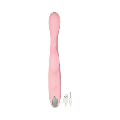 Pink slim dual-stimulation rabbit vibrator with textured head and USB charging cable on white background.