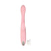 Pink slim dual-stimulation rabbit vibrator with textured head and USB charging cable on white background.