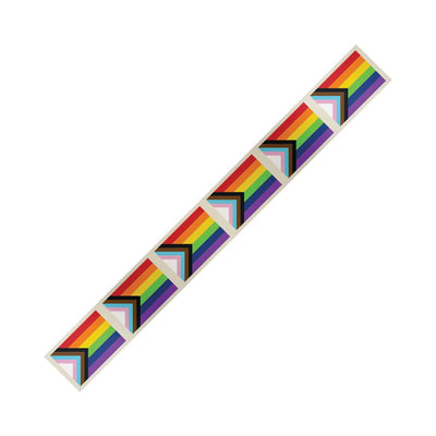 Progress Flag sash featuring vibrant rainbow stripes with black, brown, light blue, pink, and white chevron accents.