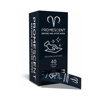 Box of Promescent Before and After individual wipes with one wipe partially pulled out, featuring soothing aloe vera formula.