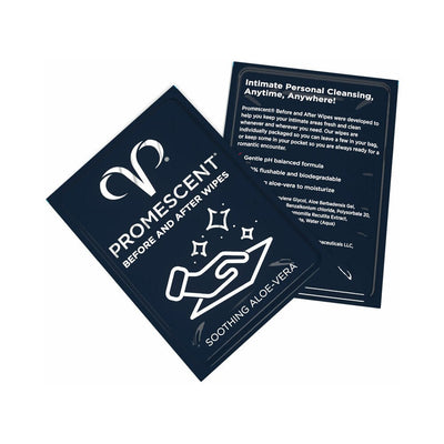 Promescent Before and After individual wipe packets in navy blue with white text and aloe vera soothing formula details.