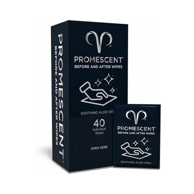 Promescent Before and After Wipes 40-pack box with one individually wrapped wipe, featuring soothing aloe vera formula.