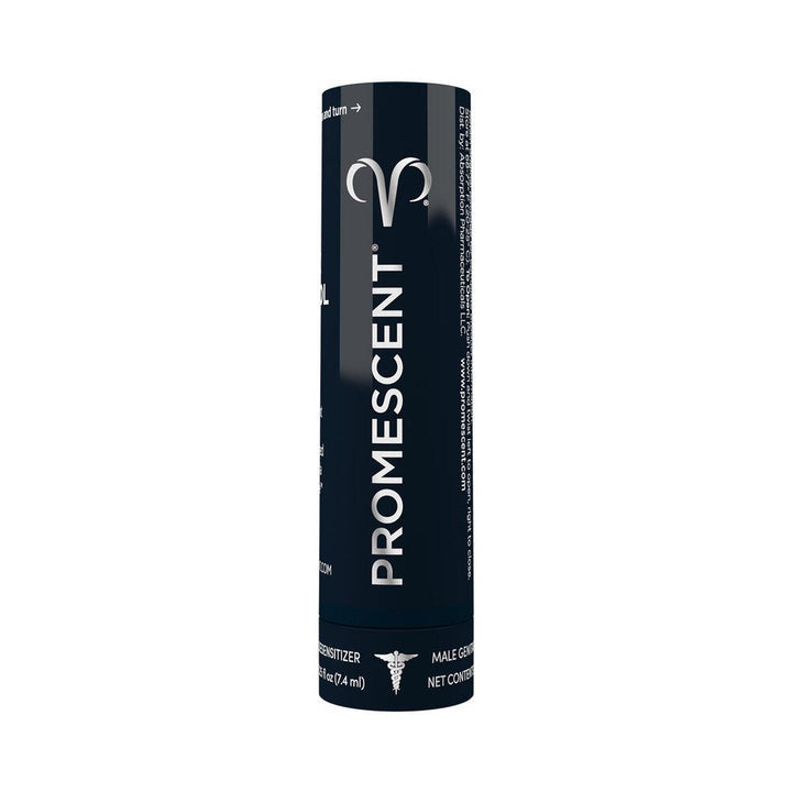 Promescent Climax Control Desensitizer Spray in sleek black cylindrical bottle with white branding text