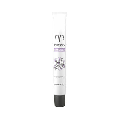 Tube of Promescent Female Arousal Buzzing Gel 0.5 oz with purple and black accents on white background.