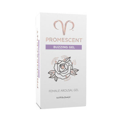 Promescent Female Arousal Buzzing Gel 0.5 oz box with rose graphic and purple accent on white background.