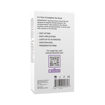 Back view of Promescent Female Arousal Buzzing Gel box highlighting product benefits and usage information.