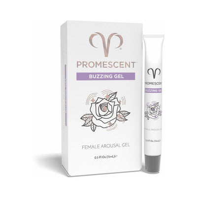 Promescent Female Arousal Buzzing Gel 0.5 oz tube and box with floral design and purple accents.