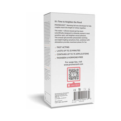 Back view of Promescent Female Arousal Warming Gel box highlighting product benefits and usage information.