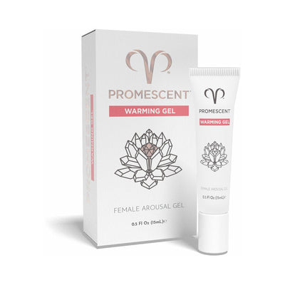 Tube and box of Promescent Female Arousal Warming Gel 0.5 oz with floral geometric design on white packaging.