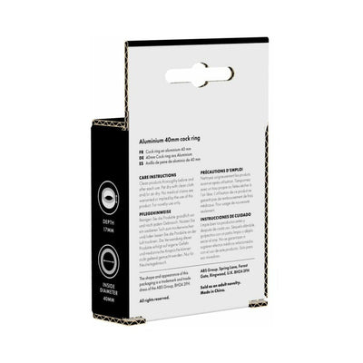 Packaging box for Prowler Red 40mm black aluminum ring with care instructions and product dimensions.