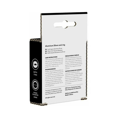 Packaging box of Prowler Red 50mm black aluminum cock ring with care instructions and product dimensions.