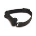 Black bone-shaped silicone gag with adjustable leather strap and buckle closure on white background.