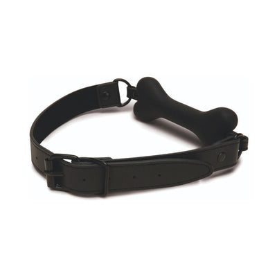 Black adjustable strap gag with a bone-shaped silicone mouthpiece designed for comfort and playful restraint.