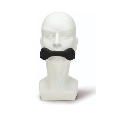 Black bone-shaped silicone gag with adjustable strap displayed on a white mannequin head.
