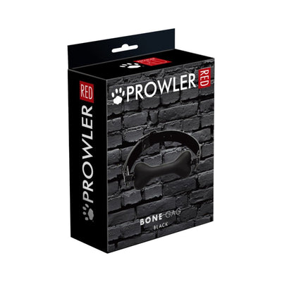 Packaging box of Prowler Red Bone Gag in black with bone-shaped gag and adjustable strap shown on front.