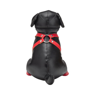 Black leather dog mannequin wearing a red harness and matching red boots on back paws, shown from the rear.
