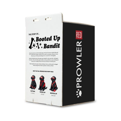 Prowler Red Booted Up Bandit packaging box featuring three black puppy figurines in red fetish gear with eye masks and harnesses.