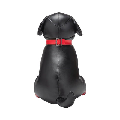 Black faux leather dog-shaped accessory holder with a red collar and buckle, viewed from the back.