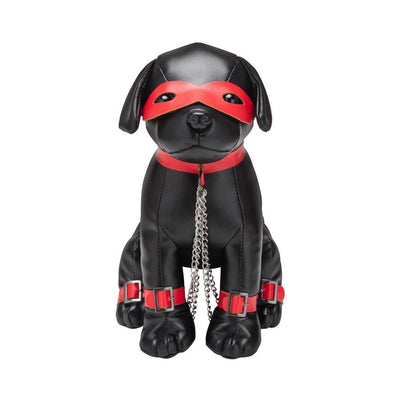 Black dog mannequin wearing red collar, eye mask, wrist and ankle cuffs with attached silver chains.
