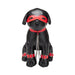 Black dog mannequin wearing red collar, eye mask, wrist and ankle cuffs with attached silver chains.