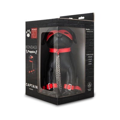 Black leather bondage puppy figure with red collar, cuffs, eye mask, and attached silver chains in packaging.