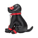 Black leather dog-shaped model wearing red collar, cuffs, chains, and eye mask for fetish play accessory display.