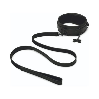 Black faux leather collar and leash set with adjustable collar and bone-shaped charm detail.