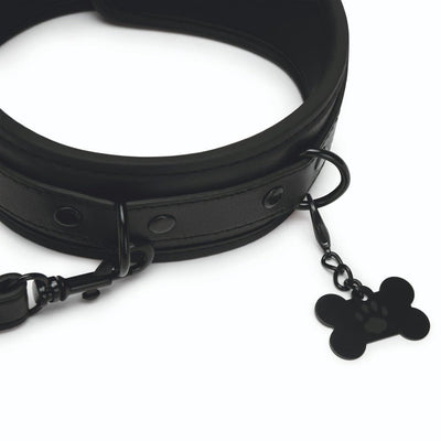 Black faux leather collar with attached leash and bone-shaped charm featuring a paw print detail.