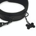 Black faux leather collar with attached leash and bone-shaped charm featuring a paw print detail.