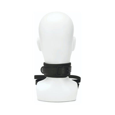Black faux leather adjustable collar with buckle and attached leash displayed on a white mannequin neck.