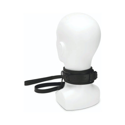 Black faux leather collar and leash set displayed on a white mannequin head and neck.