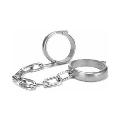 Heavy-duty stainless steel ankle cuffs connected by a sturdy chain with secure locking mechanism.