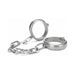 Silver heavy-duty metal handcuffs connected by a short chain on a white background.