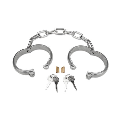 Stainless steel heavy-duty handcuffs with chain, two sets of keys, and lock cylinders on white background.