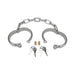 Stainless steel heavy-duty handcuffs with chain, two sets of keys, and lock cylinders on white background.