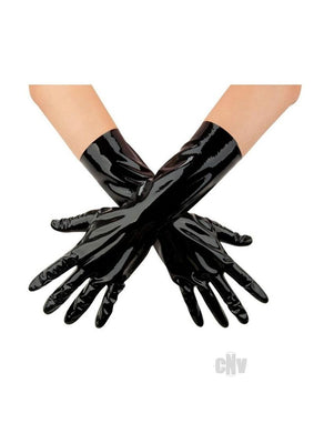Shiny black wrist-length latex gloves worn on crossed hands against a white background.