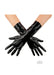 Shiny black wrist-length latex gloves worn on crossed hands against a white background.