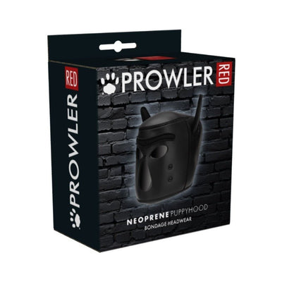Packaging box for Prowler Red Neoprene Puppy Hood bondage headwear with black brick background and product image.