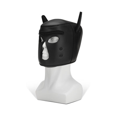 Black neoprene puppy hood with ear details and open face design displayed on a white mannequin head.