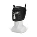 Black neoprene puppy hood with ear details and open face design displayed on a white mannequin head.