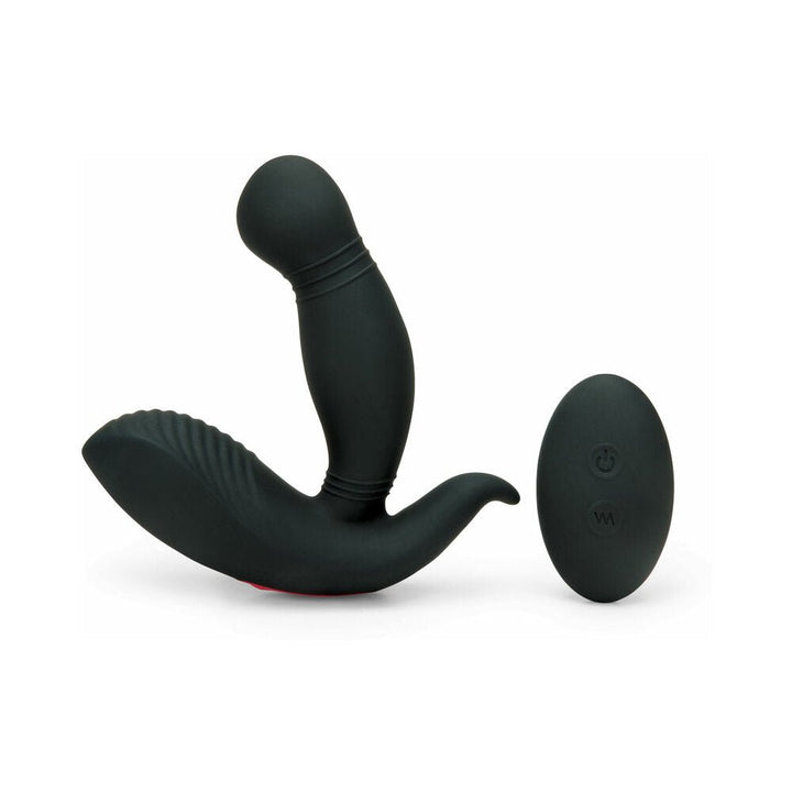Black ergonomic prostate massager with curved tip and textured base, shown with matching wireless remote control.