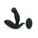 Black ergonomic prostate massager with curved tip and textured base, shown with matching wireless remote control.