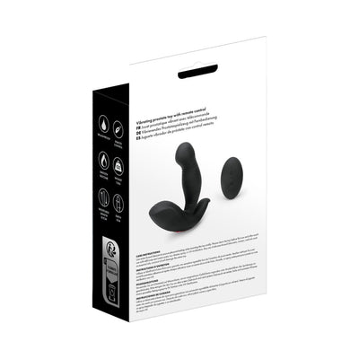 Packaging box of Prowler Red Prostate Black with image of black curved prostate massager and remote control on white background.