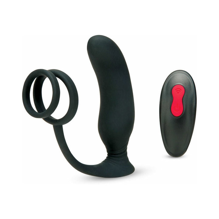 Black ergonomic prostate massager with dual rings and a wireless remote control for adjustable vibration settings.