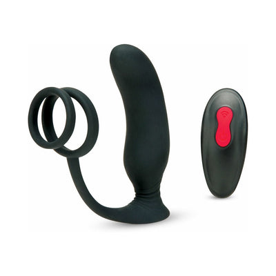 Black ergonomic prostate massager with dual rings and a wireless remote control for adjustable vibration settings.